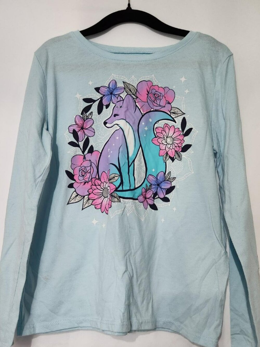 The Children's Place Fox Floral Long Sleeve Shirt Size 7/8 Blue Graphic Tee